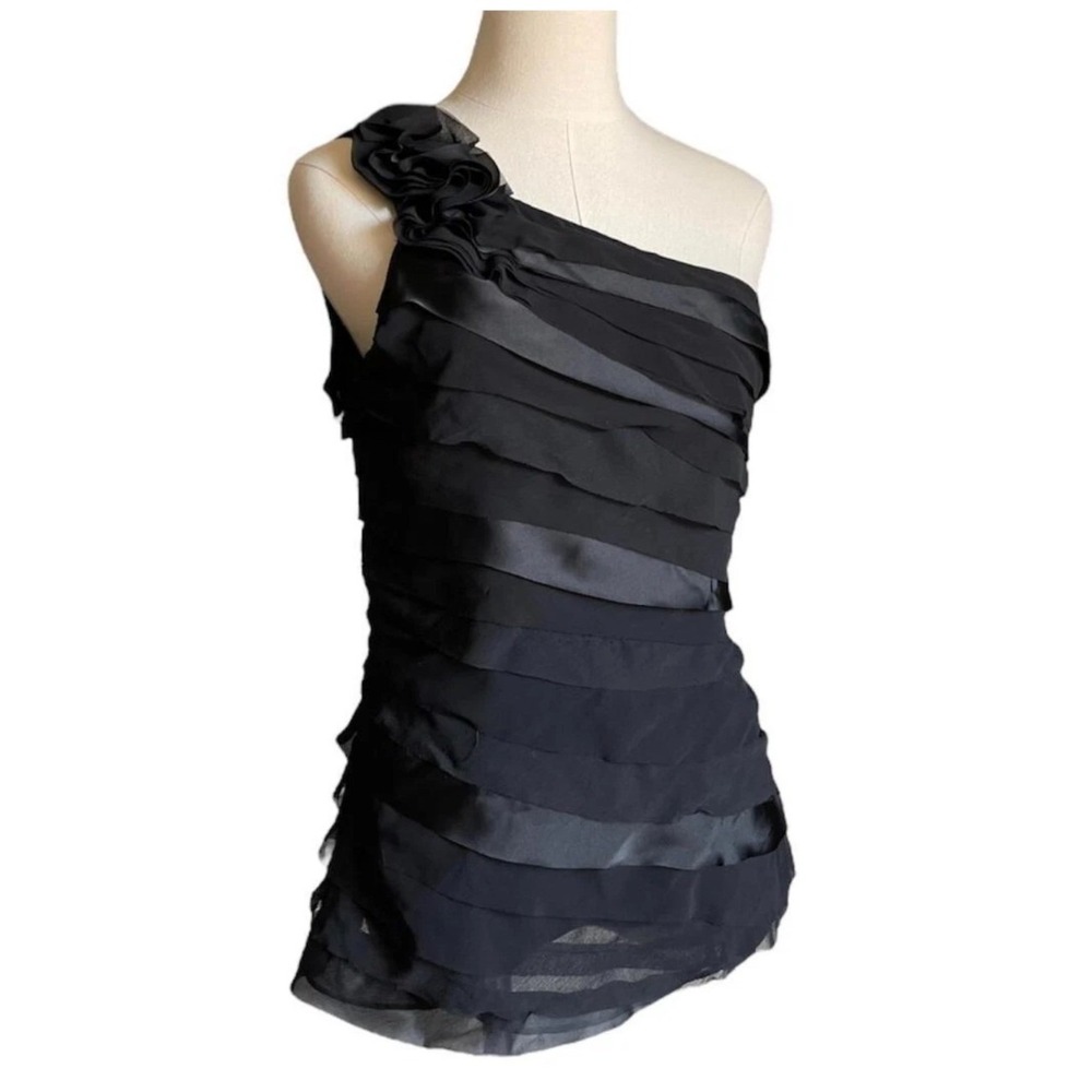 White House Black Market Tiered One Shoulder Top Black Size 14 Rosette Evening